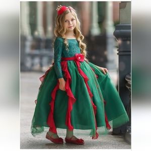 Beautiful Lace & Tulle Green Dress with Red Sashes & Flower with a Beaded Center